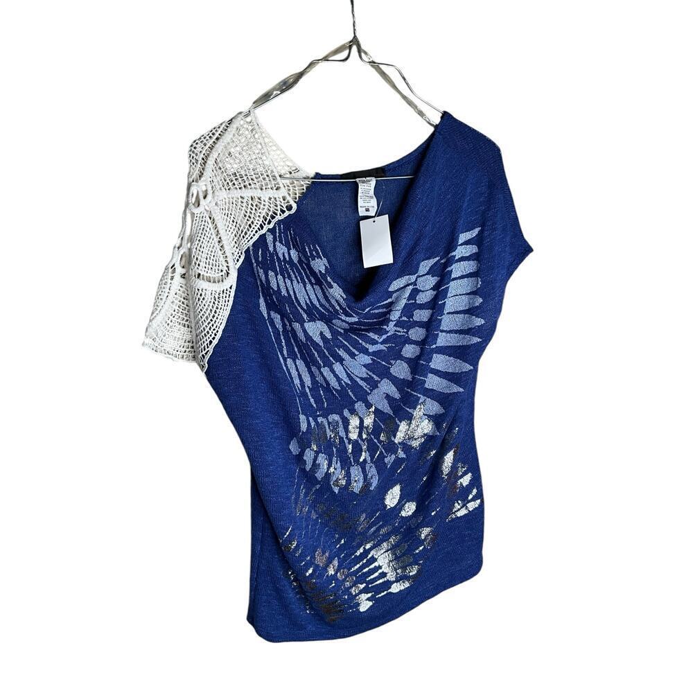 MCM Blouse Crochet Shoulder Short Sleeves Cowl Neck Blue Womens Size PM NWT